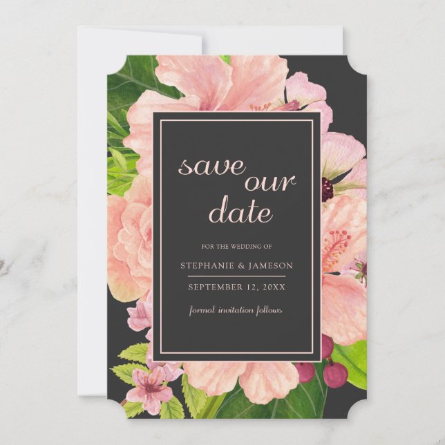 Watercolor Tropical Charcoal Peach Floral Save The Date (Front)