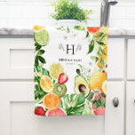 Watercolor Tropical Citrus Fruit Monogram Tea Towel<br><div class="desc">Featuring initial monogram surrounded by branches along with a last name and established date, and beautiful lush fruits and greenery. Bright and cheery, grapefruit pink adds bright pops of pink that are balanced by more citrus, sweet orange, lemon, lime and kiwi in fresh pastel tones, making it a spunky and...</div>
