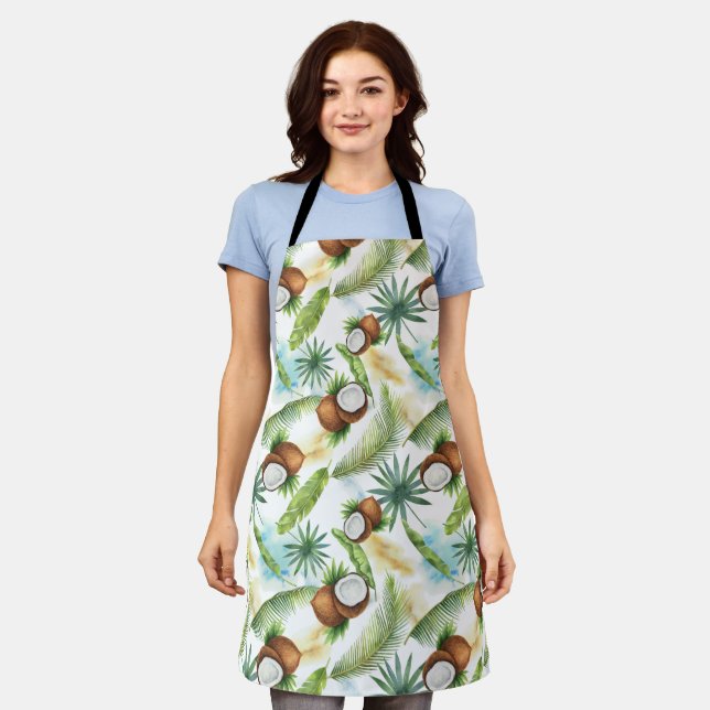 Watercolor Tropical Coconut Pattern Apron (Worn)