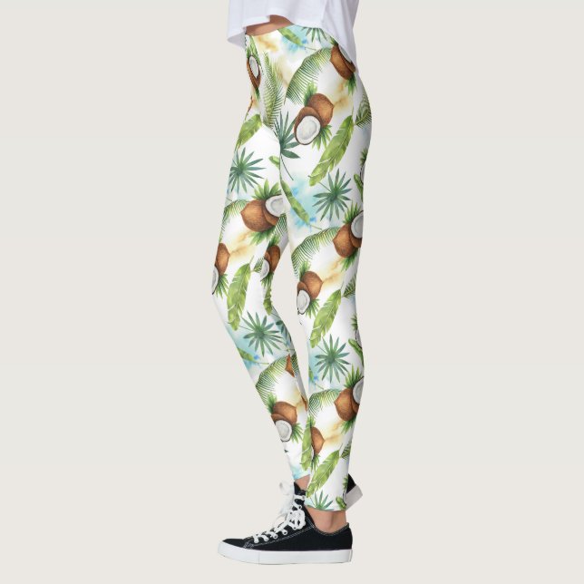 Watercolor Tropical Coconut Pattern Leggings (Left)