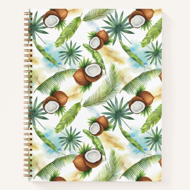 Watercolor Tropical Coconut Pattern Notebook (Front)