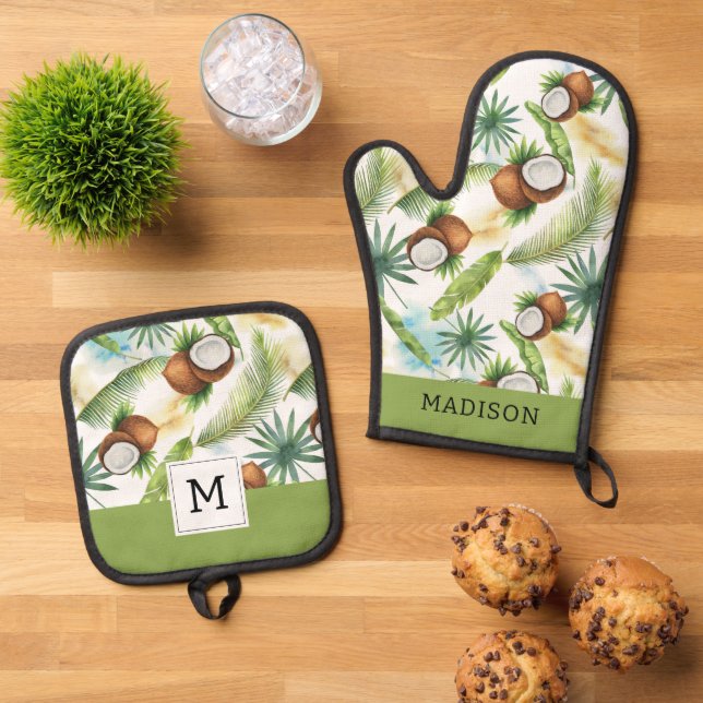 Watercolor Tropical Coconut Pattern Oven Mitt & Pot Holder Set (Top Down)