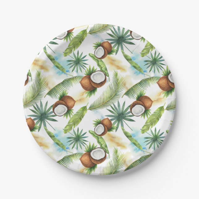 Watercolor Tropical Coconut Pattern Paper Plate (Front)