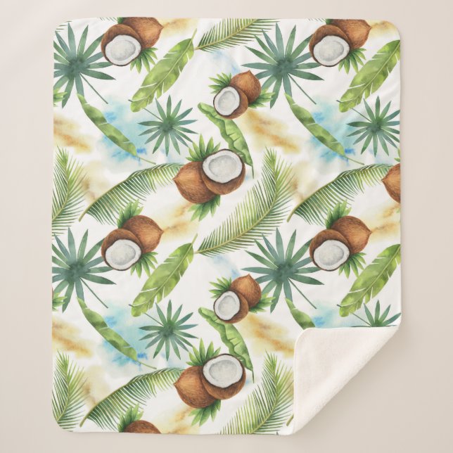 Watercolor Tropical Coconut Pattern Sherpa Blanket (Front)