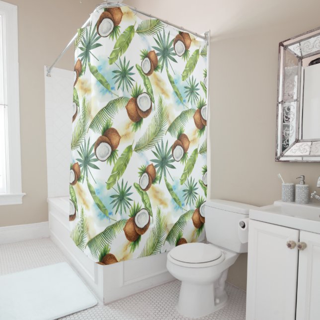 Watercolor Tropical Coconut Pattern Shower Curtain (In Situ)
