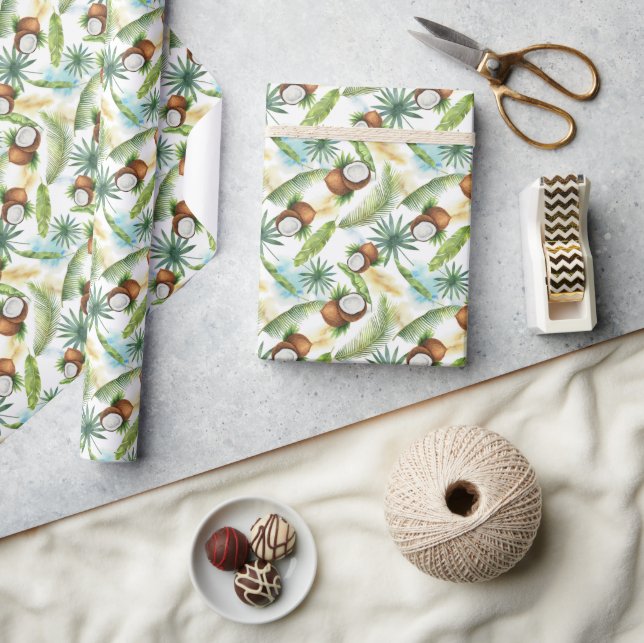 Watercolor Tropical Coconut Pattern Wrapping Paper (Crafts)
