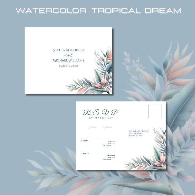 Watercolor Tropical Dream-Wedding RSVP- Postcard (Watercolor Tropical Dream Wedding RSVP Postcard-Coastal-Pastel Colors)