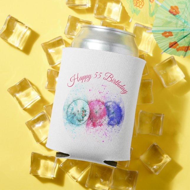Watercolor Tropical Drink Umbrella Birthday Custom Can Cooler (In Situ Summer)