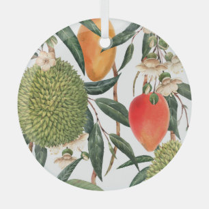 Watercolor tropical durian, mango pattern. glass tree decoration