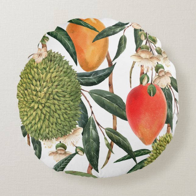Watercolor tropical durian, mango pattern. round cushion (Front)