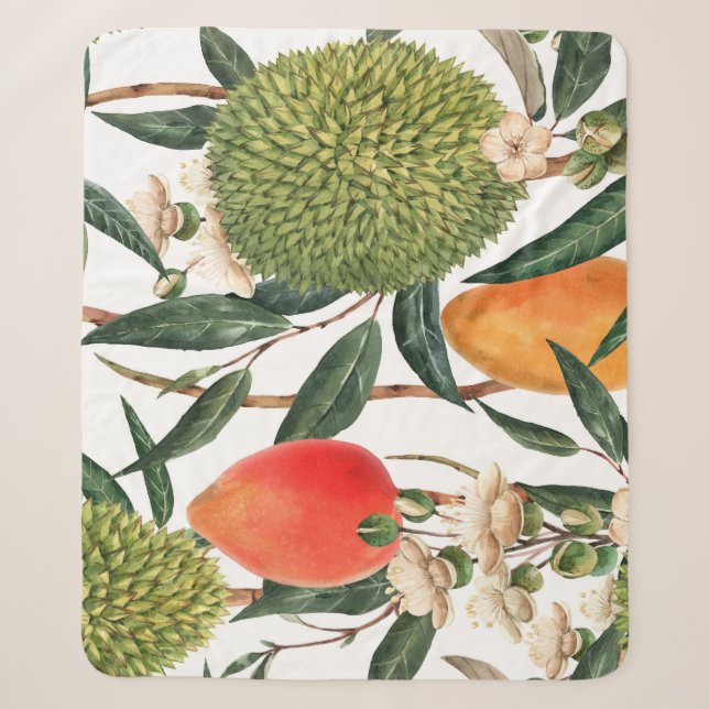 Watercolor tropical durian, mango pattern. sherpa blanket (Front)