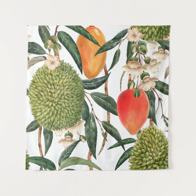 Watercolor tropical durian, mango pattern. tapestry (Front)