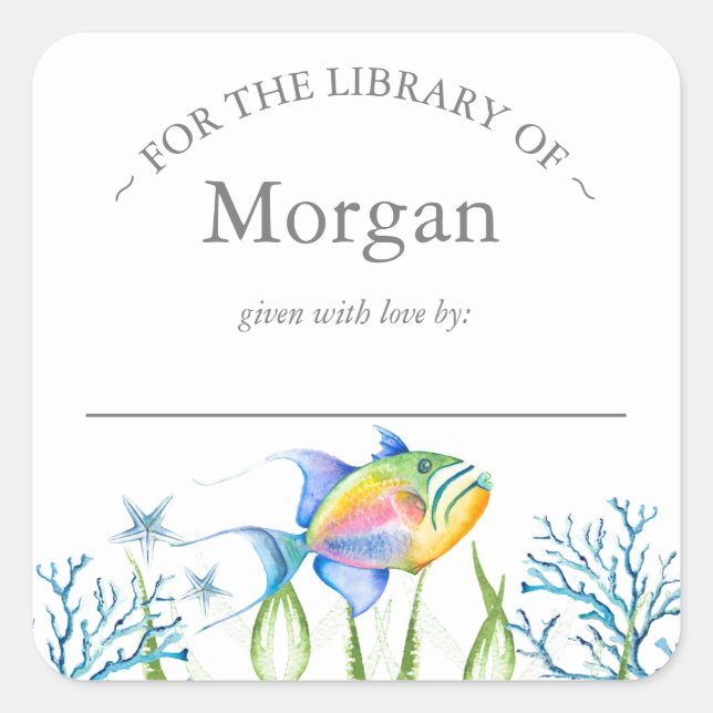 Watercolor Tropical Fish Bookplate Square Sticker (Front)