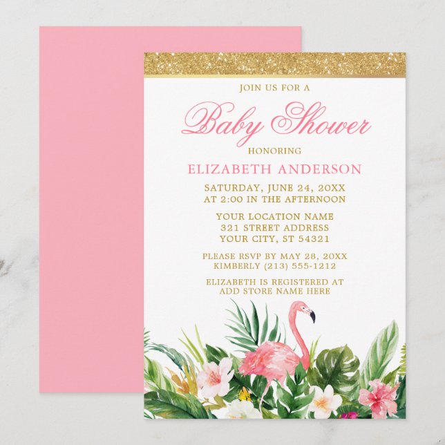 Watercolor Tropical Flamingo Baby Shower Glitter Invitation (Front/Back)