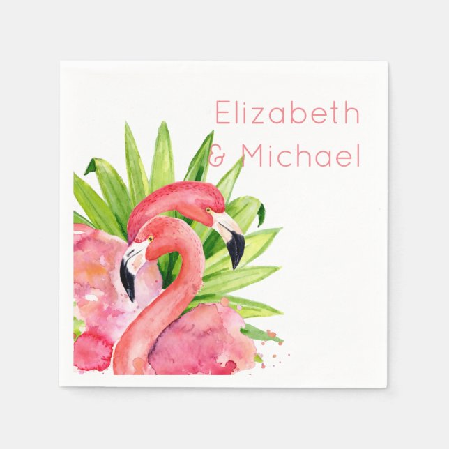 Watercolor Tropical Flamingos Personalised Party Napkin (Front)
