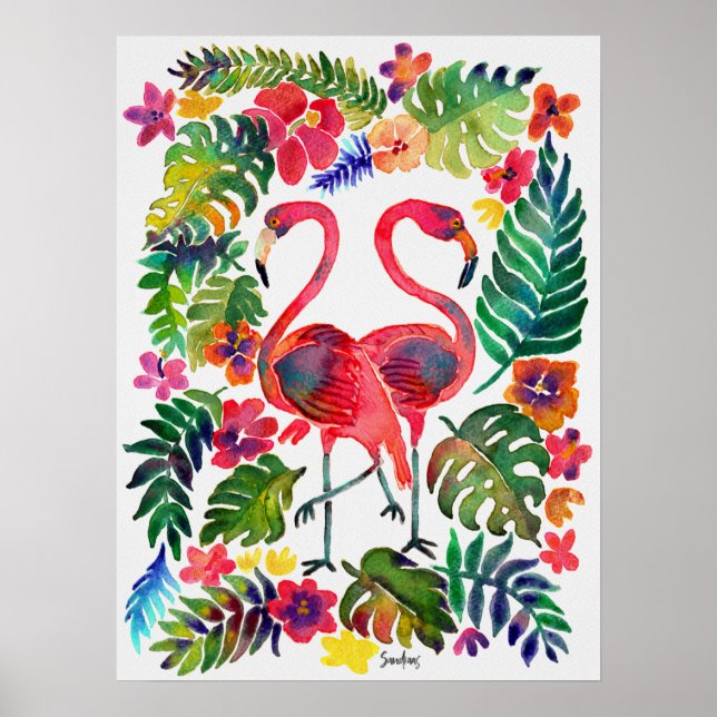 Watercolor Tropical Flamingos Poster (Front)