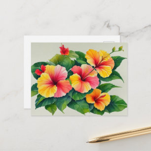 Watercolor Tropical Flora Red Yellow Hibiscus Postcard