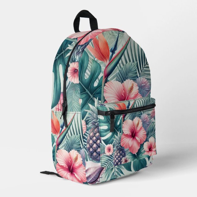 Watercolor Tropical Floral and Beach Printed Backpack (Back Corner Left)