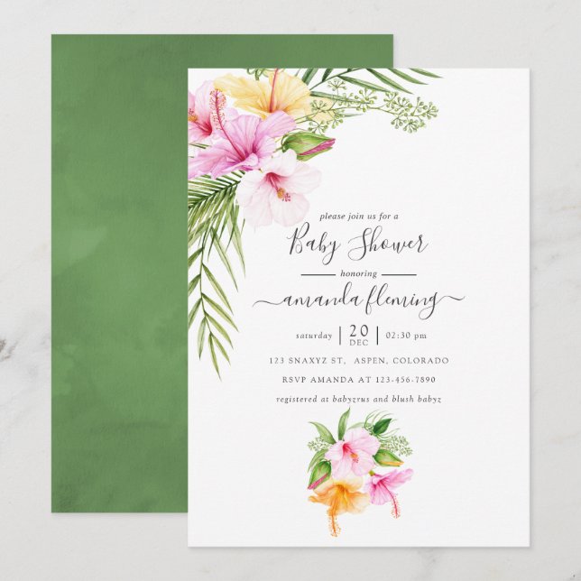 Watercolor Tropical Floral Baby Shower Invitation (Front/Back)