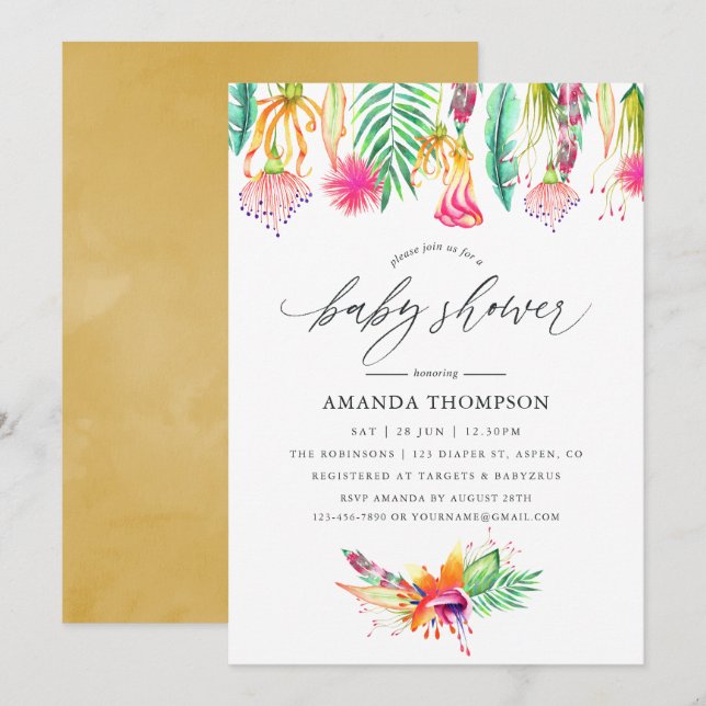Watercolor Tropical Floral Baby Shower Invitation (Front/Back)