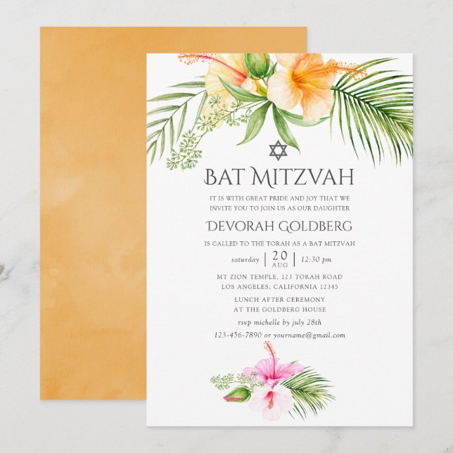 Watercolor Tropical Floral Bat Mitzvah Invitation (Front/Back)