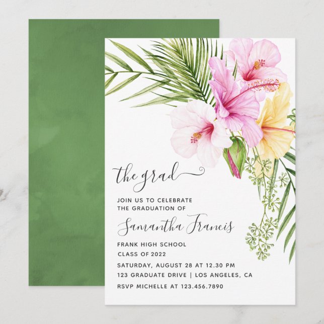 Watercolor Tropical Floral Beach Graduation Party  Invitation (Front/Back)