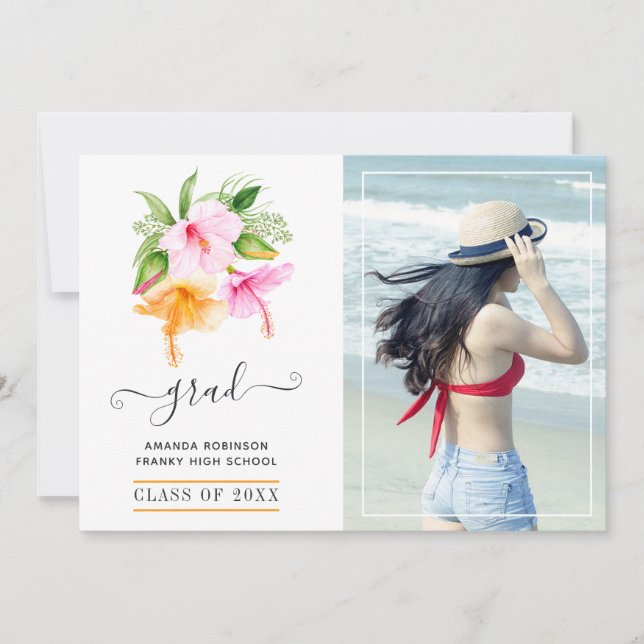 Watercolor Tropical Floral Beach Graduation Photo Announcement (Front)