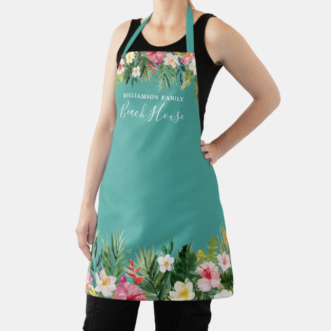 Watercolor Tropical Floral Beach House Family Name Apron (Insitu)