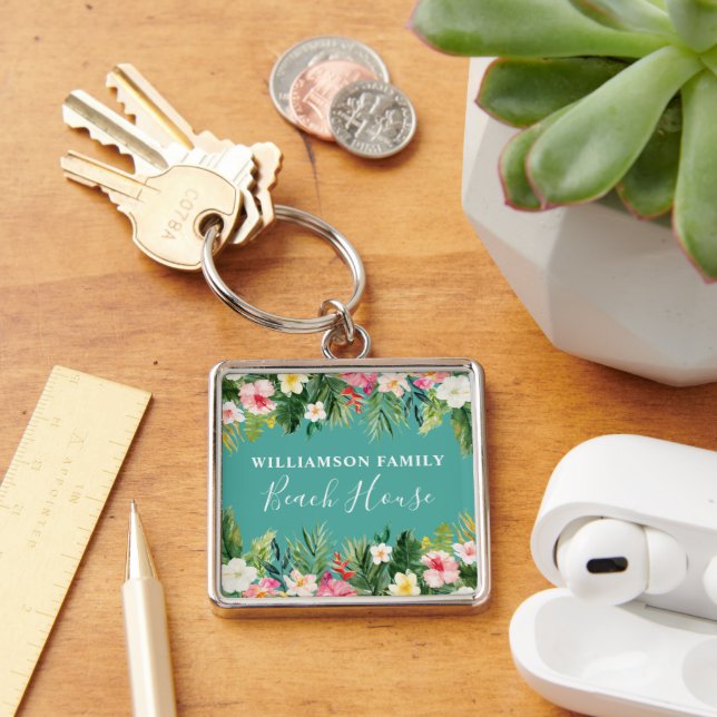 Watercolor Tropical Floral Beach House Key Ring (Desk)