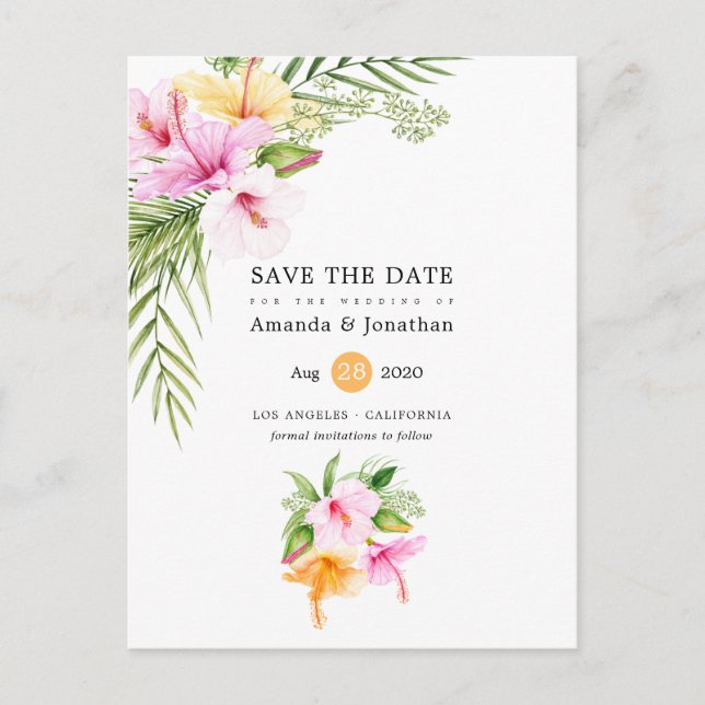 Watercolor Tropical Floral Beach Wedding Announcement Postcard (Front)