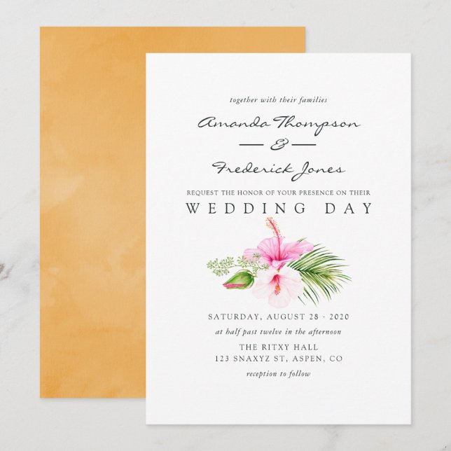 Watercolor Tropical Floral Beach Wedding Invitation (Front/Back)