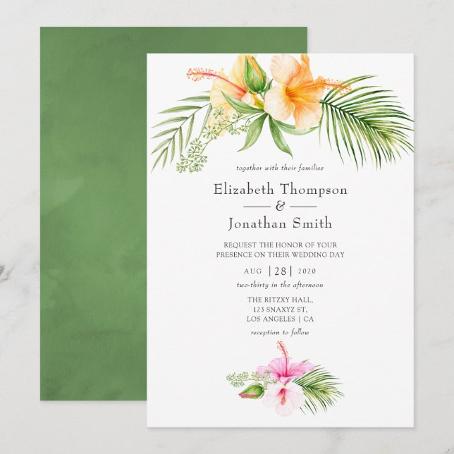 Watercolor Tropical Floral Beach Wedding Invitation (Front/Back)