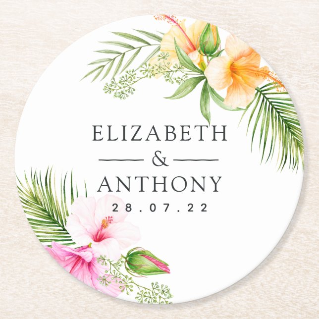 Watercolor Tropical Floral Beach Wedding Round Paper Coaster (Front)