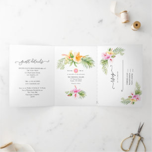 Watercolor Tropical Floral Beach Wedding Tri-Fold Invitation