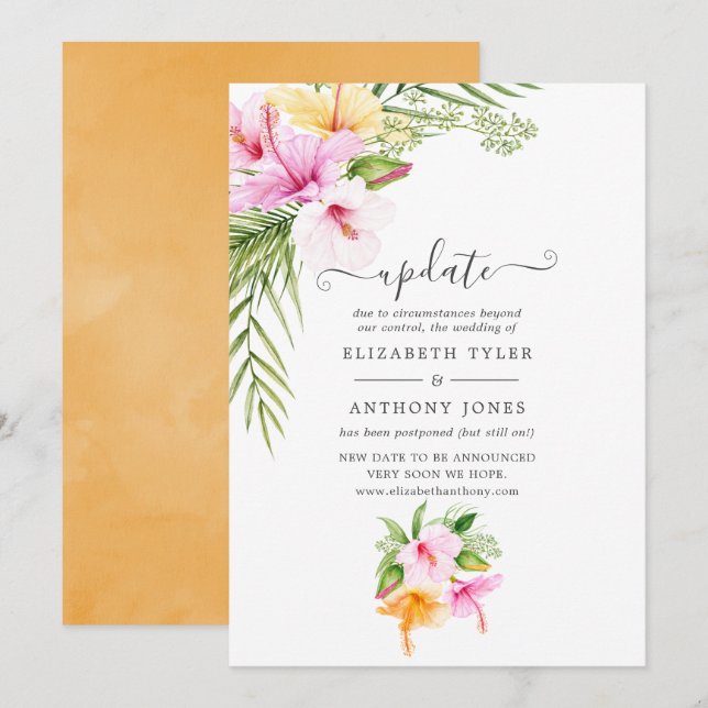 Watercolor Tropical Floral Beach Wedding Update Invitation (Front/Back)