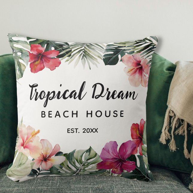 Watercolor Tropical Floral Botanical Beach House Cushion (In situ)