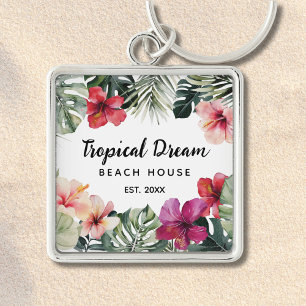 Watercolor Tropical Floral Botanical Beach House Key Ring