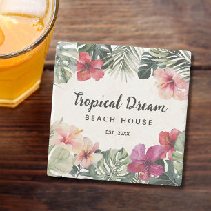 Watercolor Tropical Floral Botanical Beach House Stone Coaster