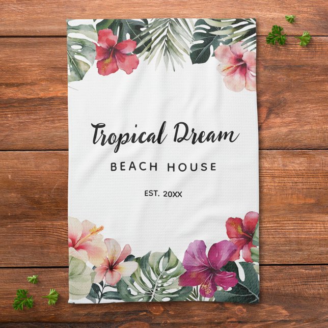 Watercolor Tropical Floral Botanical Beach House Tea Towel (In situ)