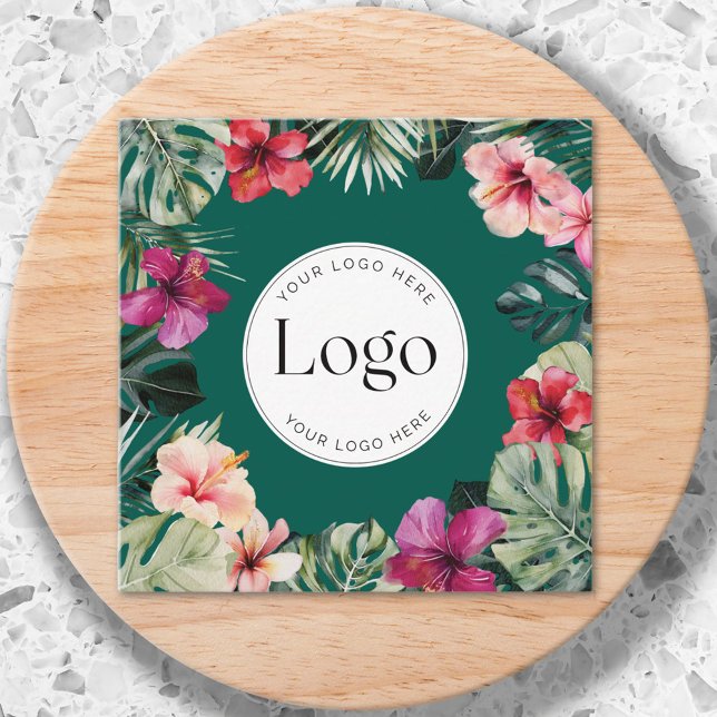 Watercolor Tropical Floral Botanical Logo Square Business Card (Close up)