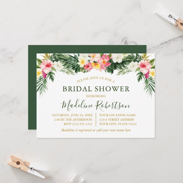 Watercolor Tropical Floral Bridal Shower Green Invitation (Front/Back In Situ)
