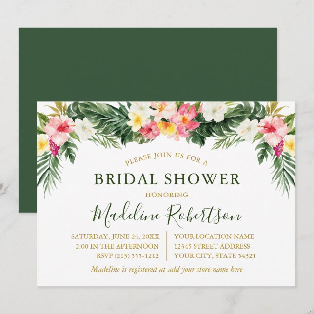 Watercolor Tropical Floral Bridal Shower Green Invitation (Front/Back)