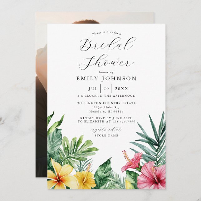 Watercolor Tropical Floral Bridal Shower Photo Invitation (Front/Back)