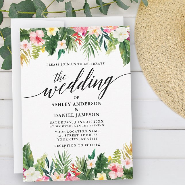 Watercolor Tropical Floral Calligraphy Wedding Invitation (Customize to change your personalized text size, style or to add text & photos to back of card.)