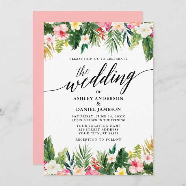 Watercolor Tropical Floral Calligraphy Wedding Pnk Invitation (Front/Back)
