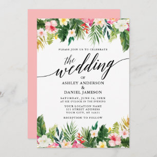 Watercolor Tropical Floral Calligraphy Wedding Pnk Invitation