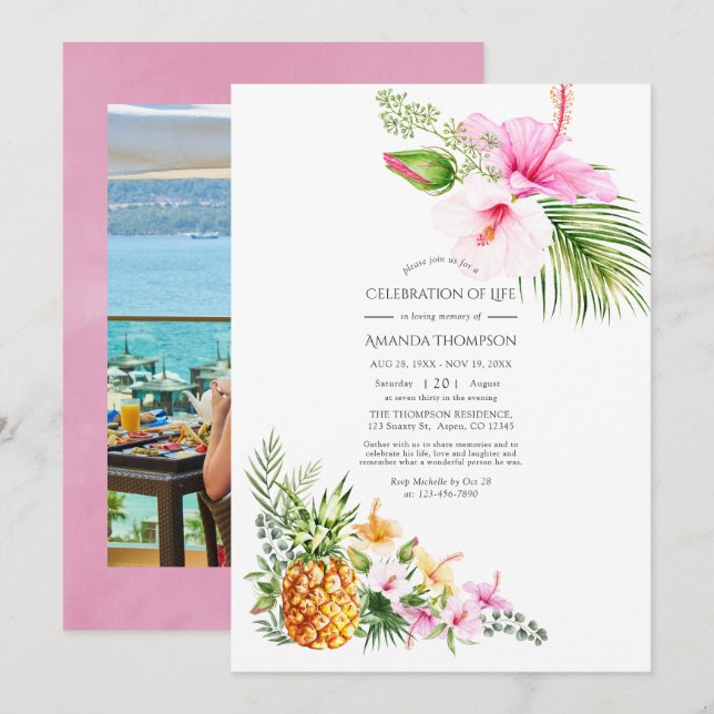 Watercolor Tropical Floral Celebration of Life Invitation (Front/Back)