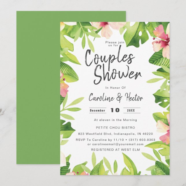 Watercolor Tropical Floral Couples Shower Invitation (Front/Back)