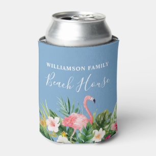 Watercolor Tropical Floral Family Beach House Blue Can Cooler