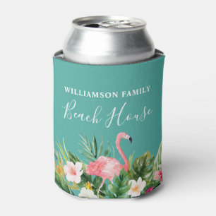 Watercolor Tropical Floral Family Name Beach House Can Cooler